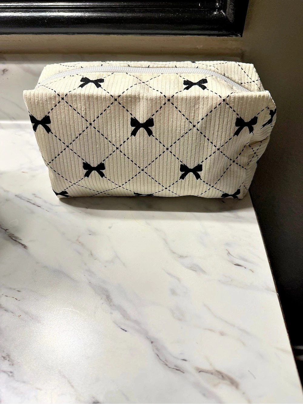 Bow Print Cosmetic Pouch in White & Black Like New